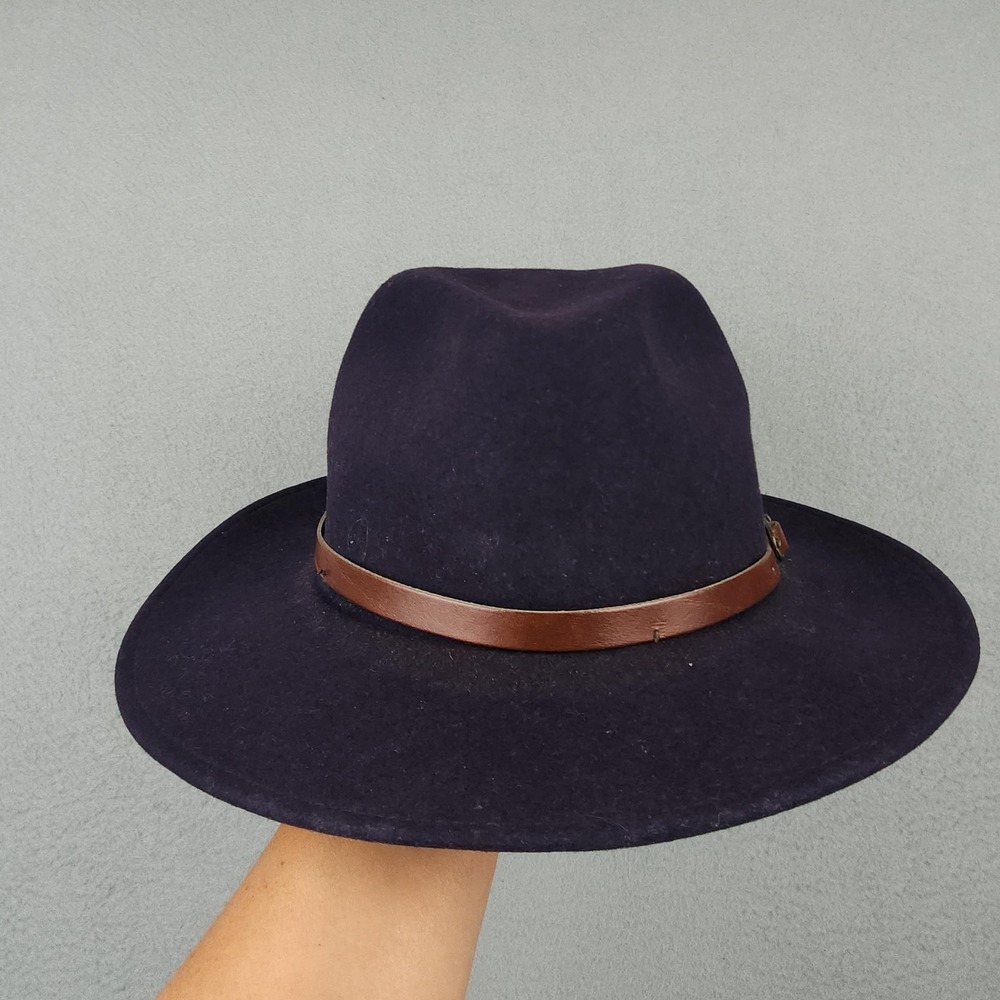 Hat Fedora Fitted Mens 58 (7 1/4) Blue Felt Brown Leather Band Wide Brim Casual